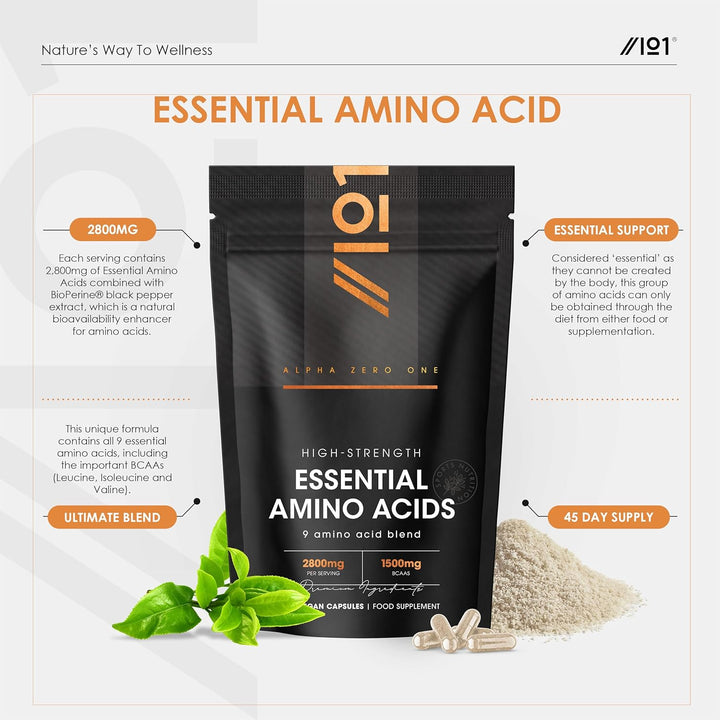 Essential Amino Acids 2800Mg with Bioperine® – 180 Vegan Capsules – All 9 EAA Am