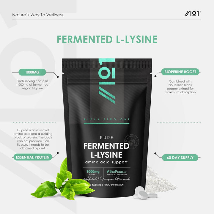 Fermented L-Lysine 1000Mg with Bioperine® - 60 Vegan Tablets - High Strength Ami